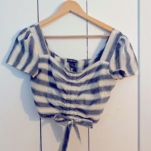 Timing; Size M; Retro-looking navy blue & white stripped crop top.